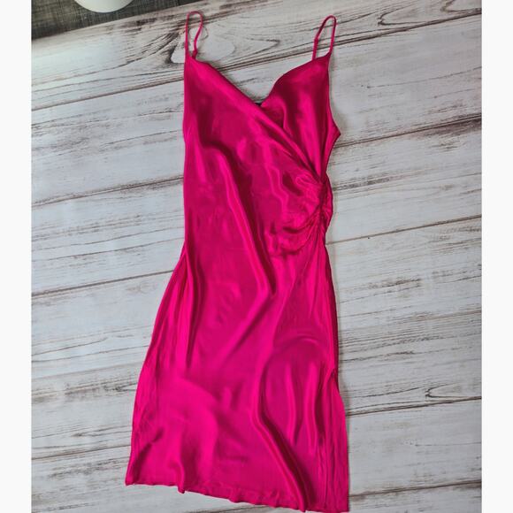 Zara Fuchsia Pink Satin Spaghetti Strap Dress sz XL - Picture 1 of 5